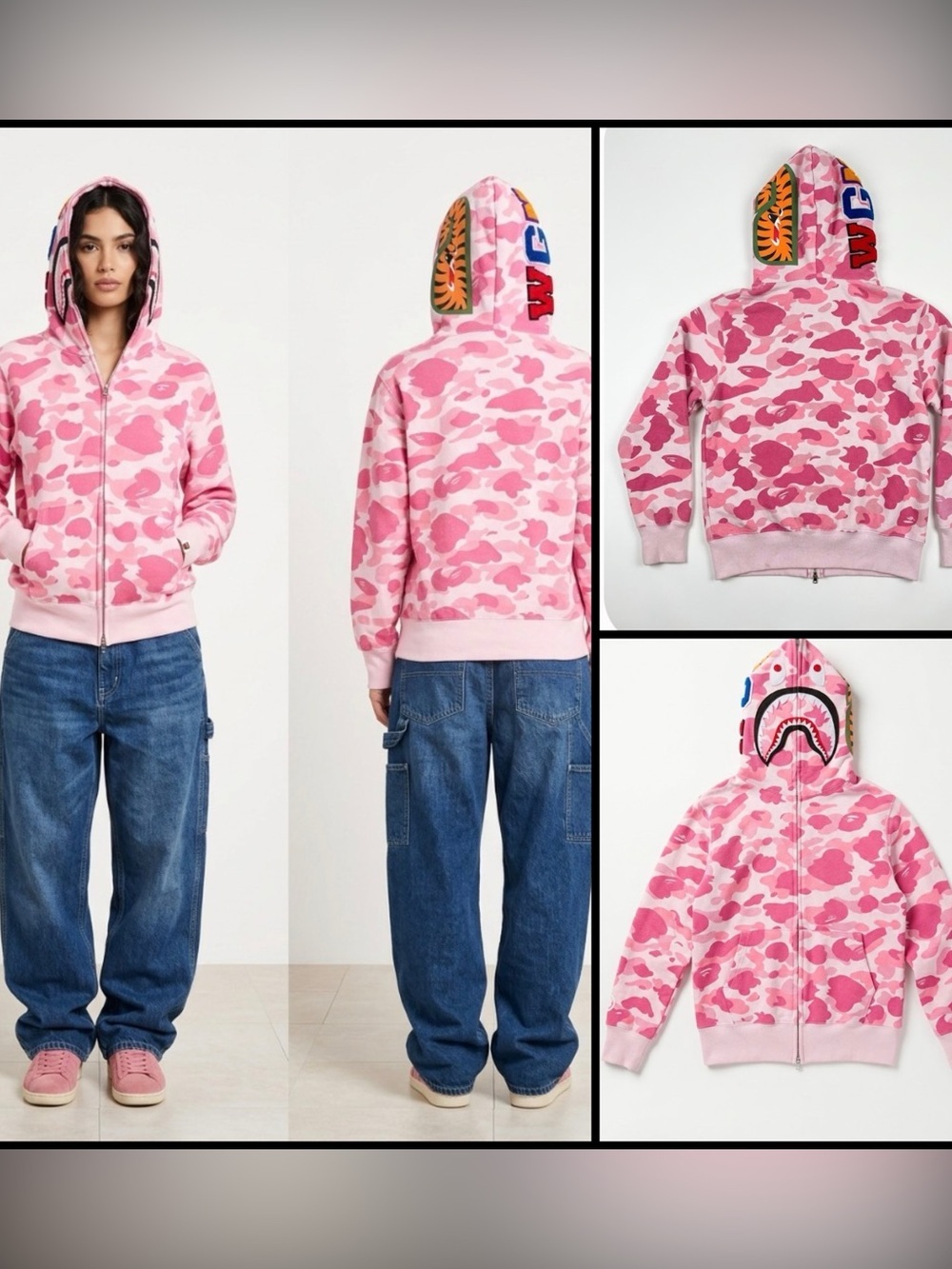 A Bathing Ape ABC Camo Shark Pink Graphic Streetwear Felt Patch Hoodie M